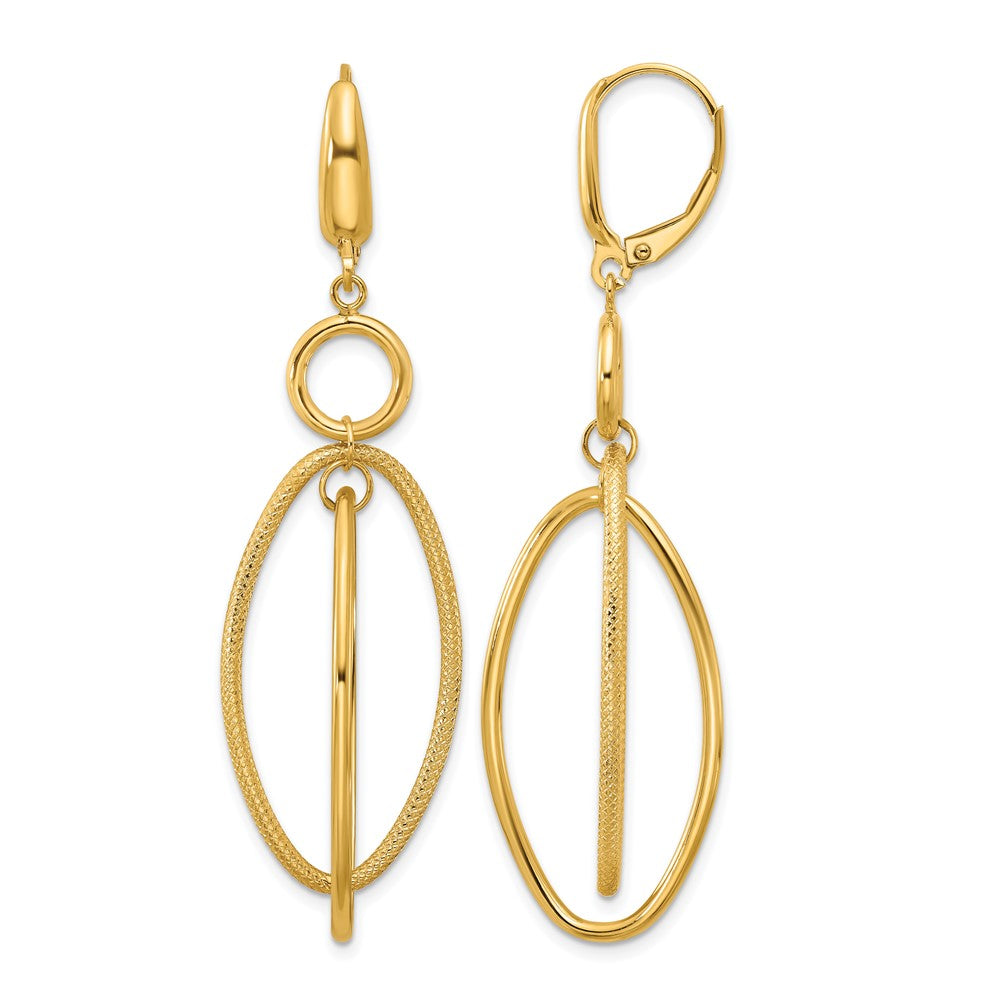 14k Polished and Textured Oval Dangle Leverback Earrings