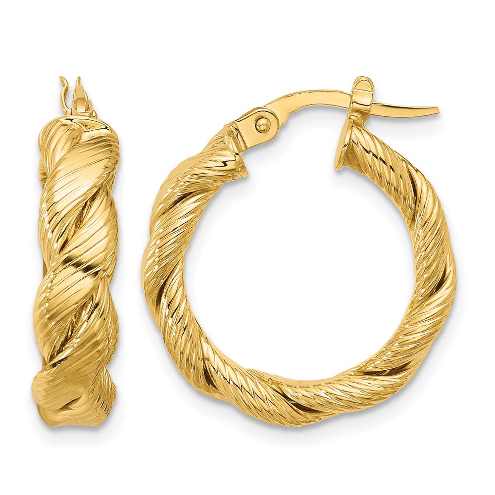 14k Polished and Textured Twist Hoop Earrings