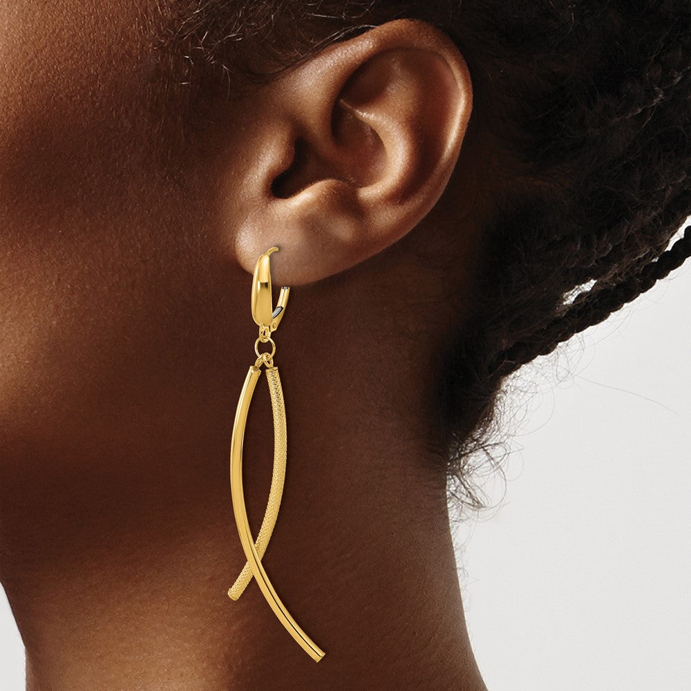 14k Polished and Textured Tube Dangle Leverback Earrings
