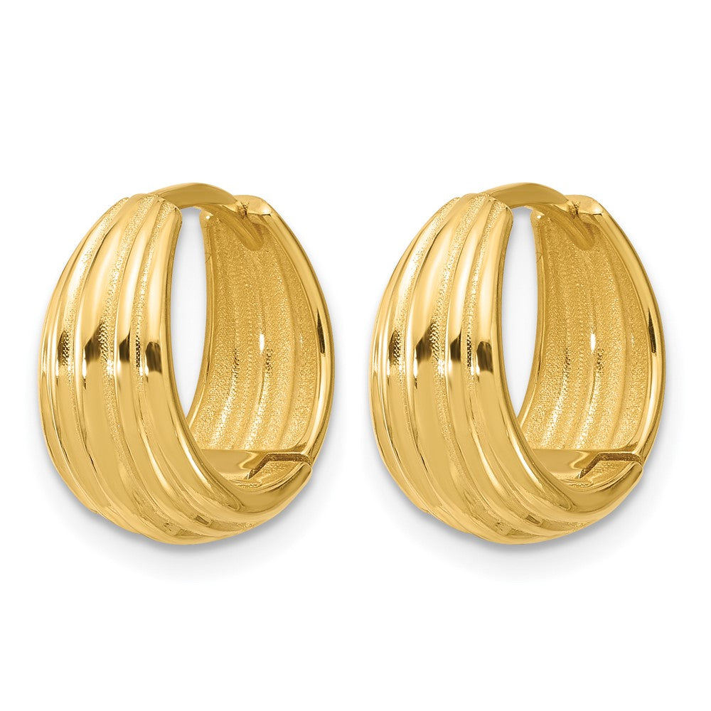 14K Polished/Grooved Round Huggie Hoop Earrings