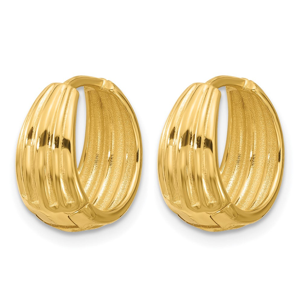 14K Polished/Grooved Round Huggie Hoop Earrings