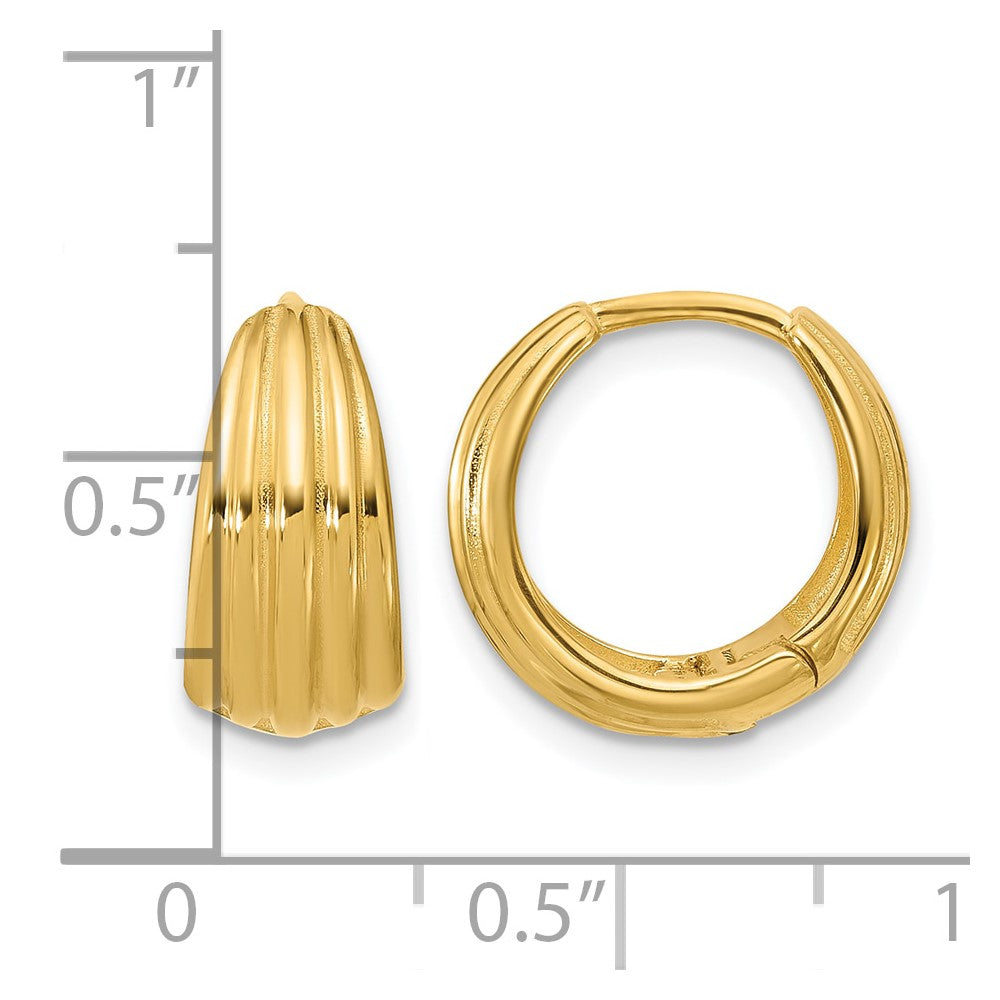 14K Polished/Grooved Round Huggie Hoop Earrings