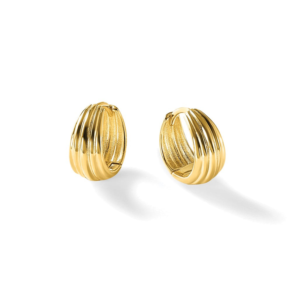14K Polished/Grooved Round Huggie Hoop Earrings