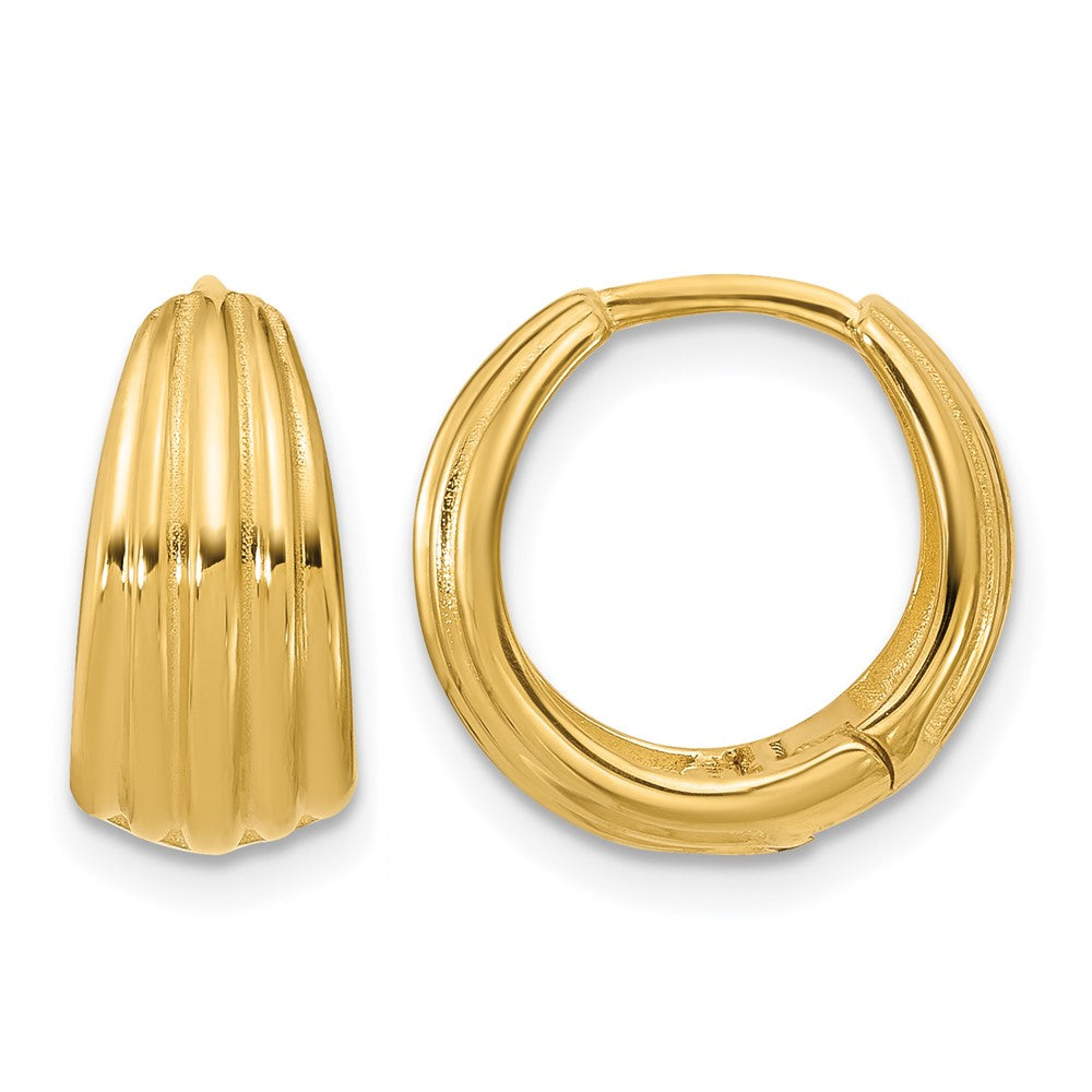 14K Polished/Grooved Round Huggie Hoop Earrings