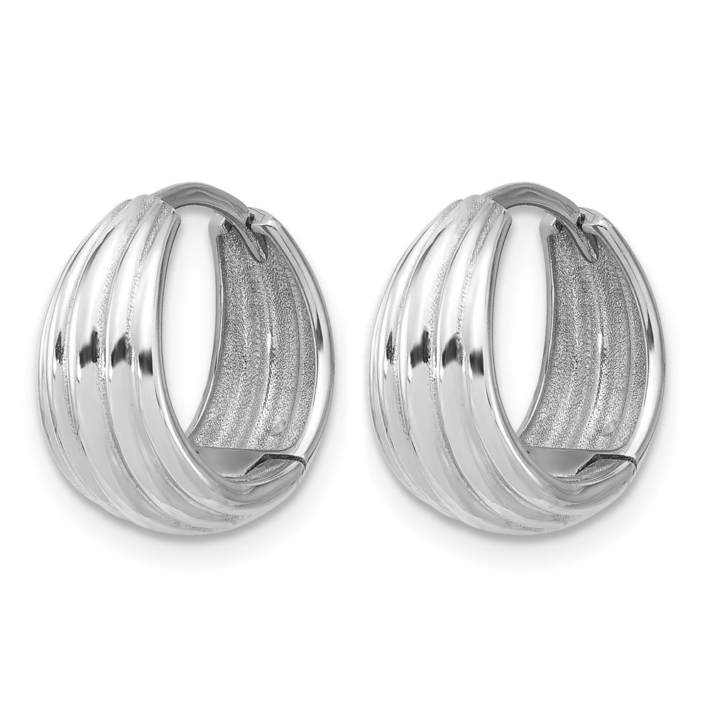 14K WG Polished/Grooved Round Huggie Hoop Earrings