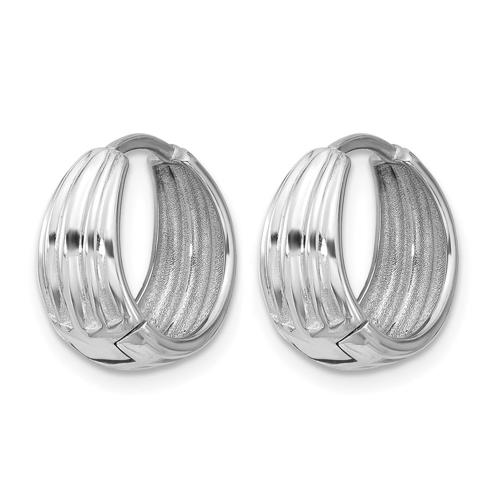 14K WG Polished/Grooved Round Huggie Hoop Earrings