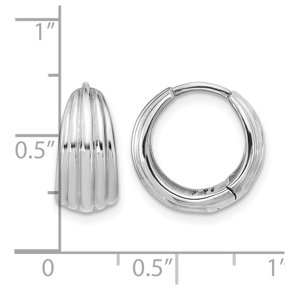 14K WG Polished/Grooved Round Huggie Hoop Earrings