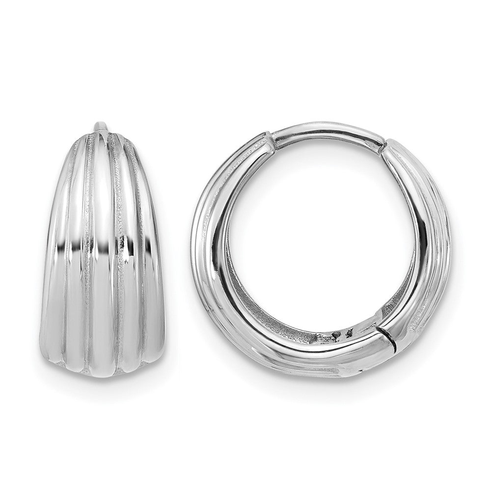 14K WG Polished/Grooved Round Huggie Hoop Earrings