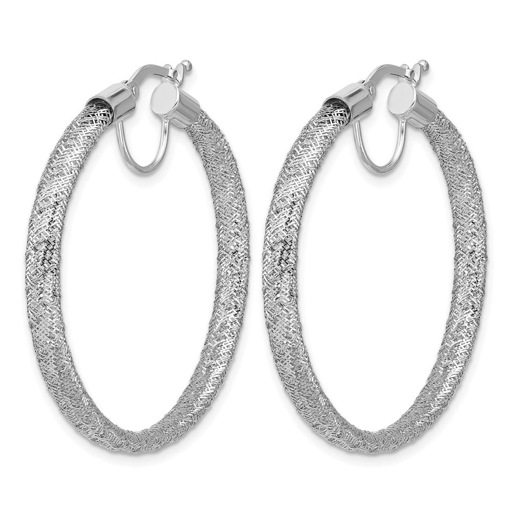 14K w/White RH-Plating Polished Mesh Round Hoop Earrings
