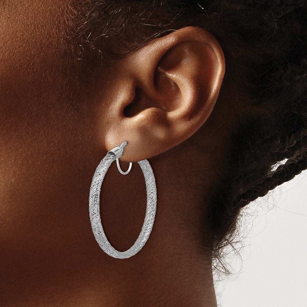 14K w/White RH-Plating Polished Mesh Round Hoop Earrings