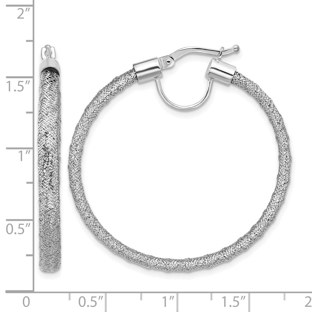 14K w/White RH-Plating Polished Mesh Round Hoop Earrings