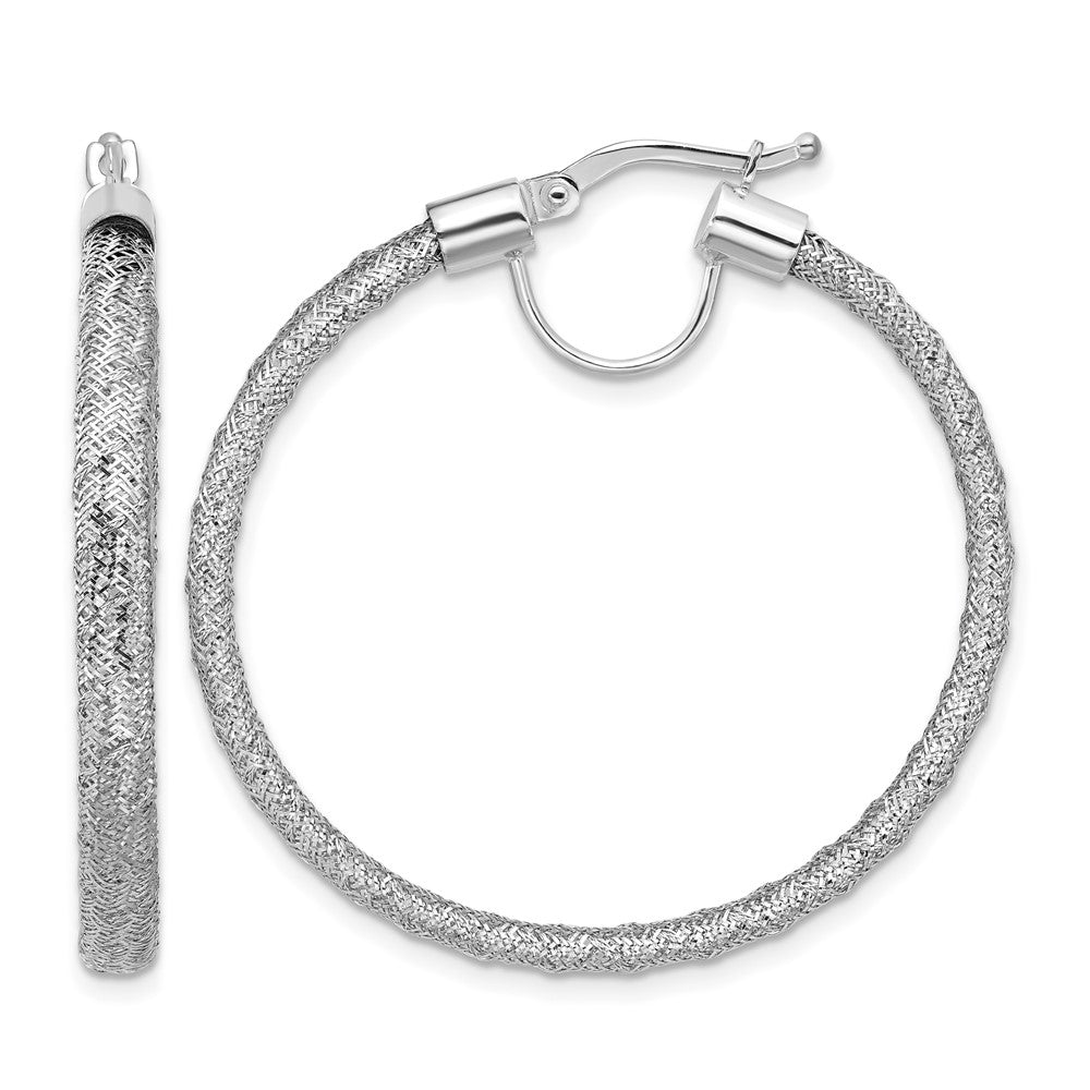 14K w/White RH-Plating Polished Mesh Round Hoop Earrings
