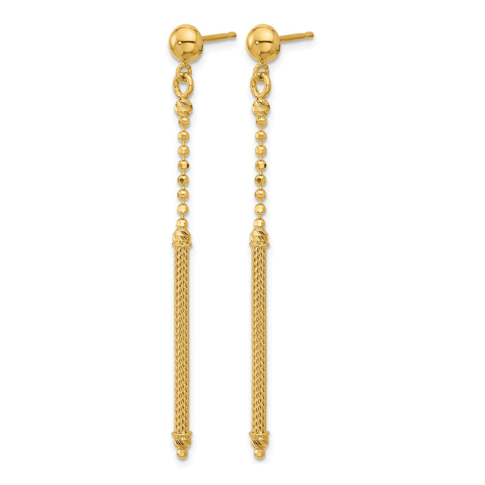 14K Polish/Texture/Dia-cut Bead w/Bar Dangle Post Earrings