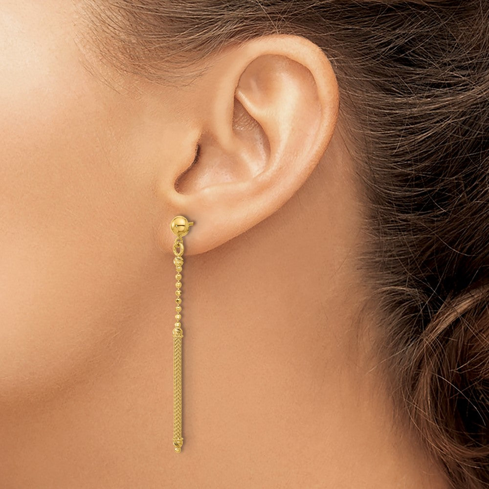 14K Polish/Texture/Dia-cut Bead w/Bar Dangle Post Earrings