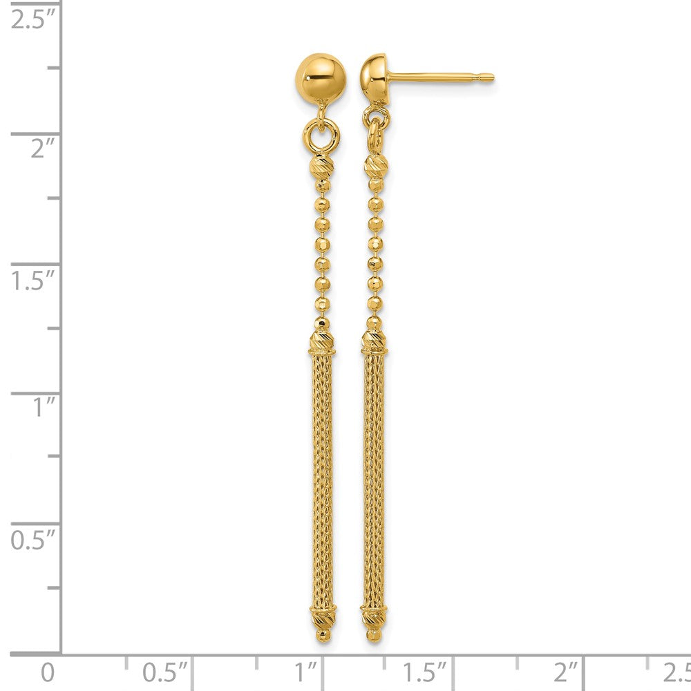 14K Polish/Texture/Dia-cut Bead w/Bar Dangle Post Earrings