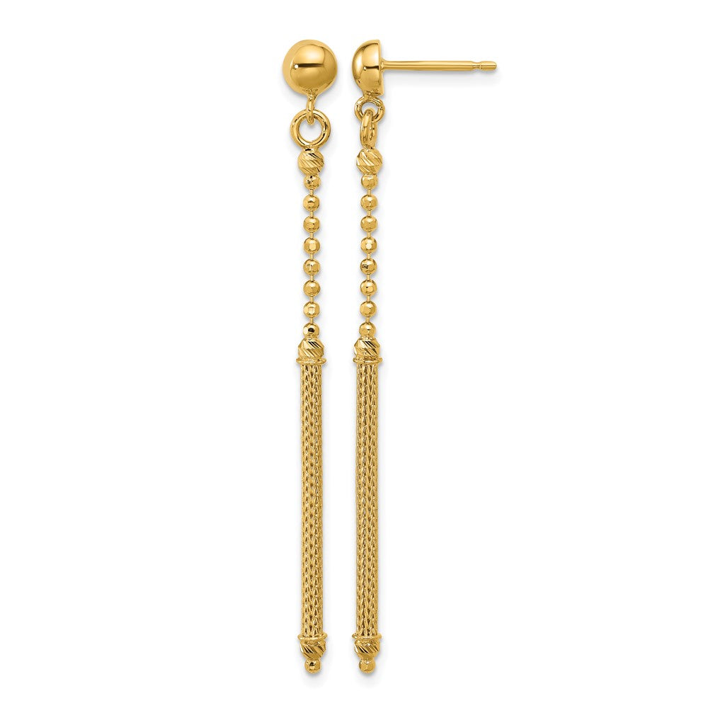 14K Polish/Texture/Dia-cut Bead w/Bar Dangle Post Earrings