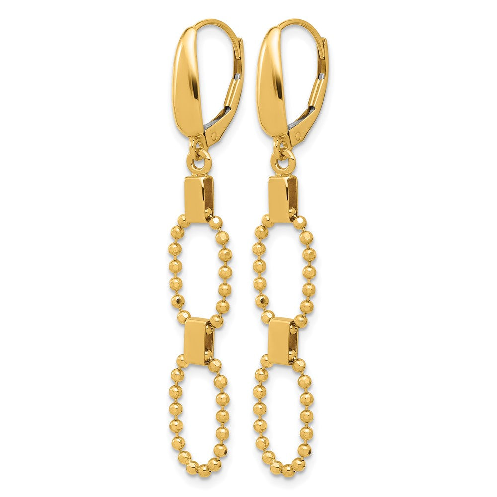 14K Polished/Dia-cut Beaded Link Dangle Leverback Earrings