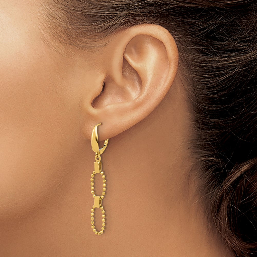 14K Polished/Dia-cut Beaded Link Dangle Leverback Earrings