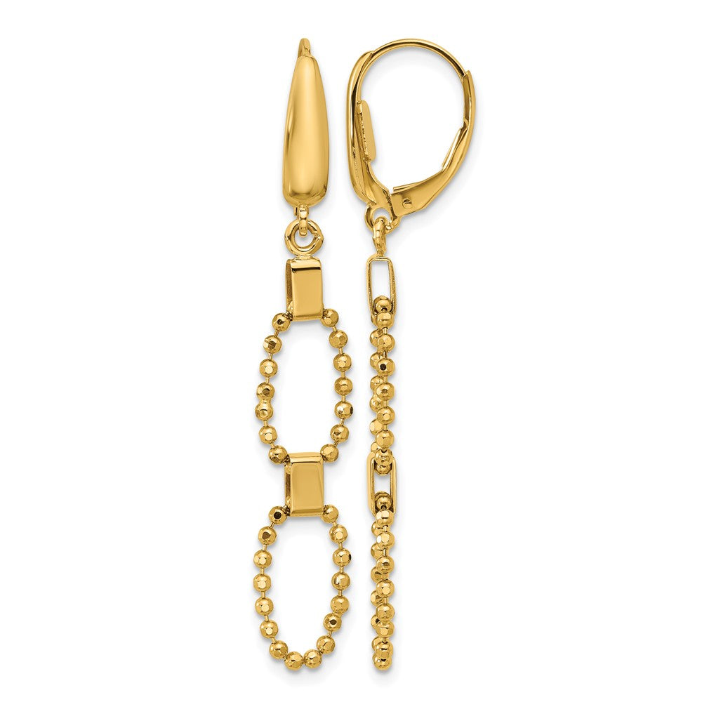 14K Polished/Dia-cut Beaded Link Dangle Leverback Earrings