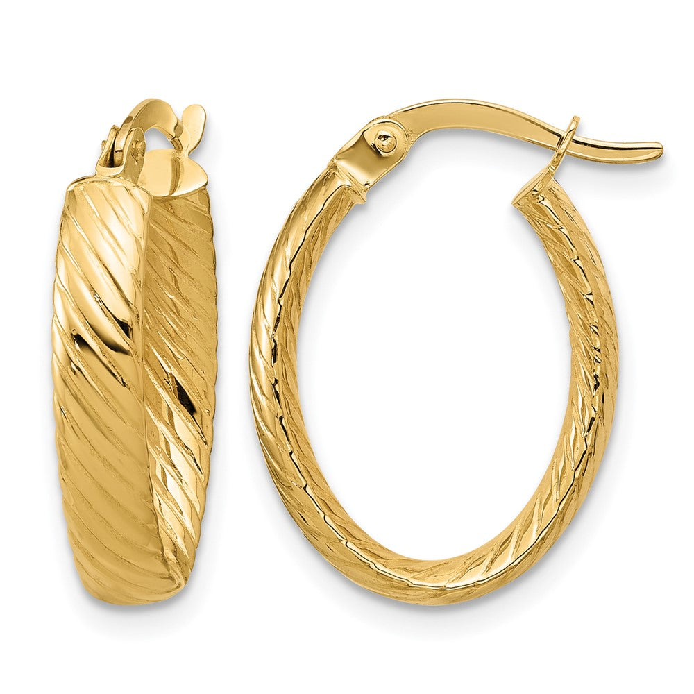 14K Polished and Grooved Oval Hoop Earrings