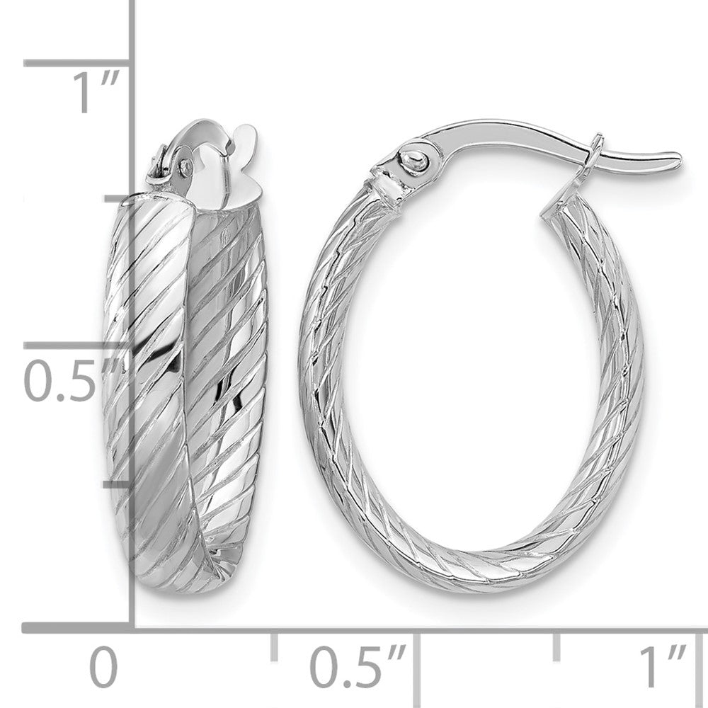 14K White Gold Polished and Grooved Oval Hoop Earrings