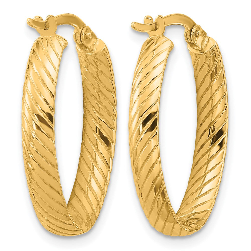 14K Polished and Grooved Oval Hoop Earrings