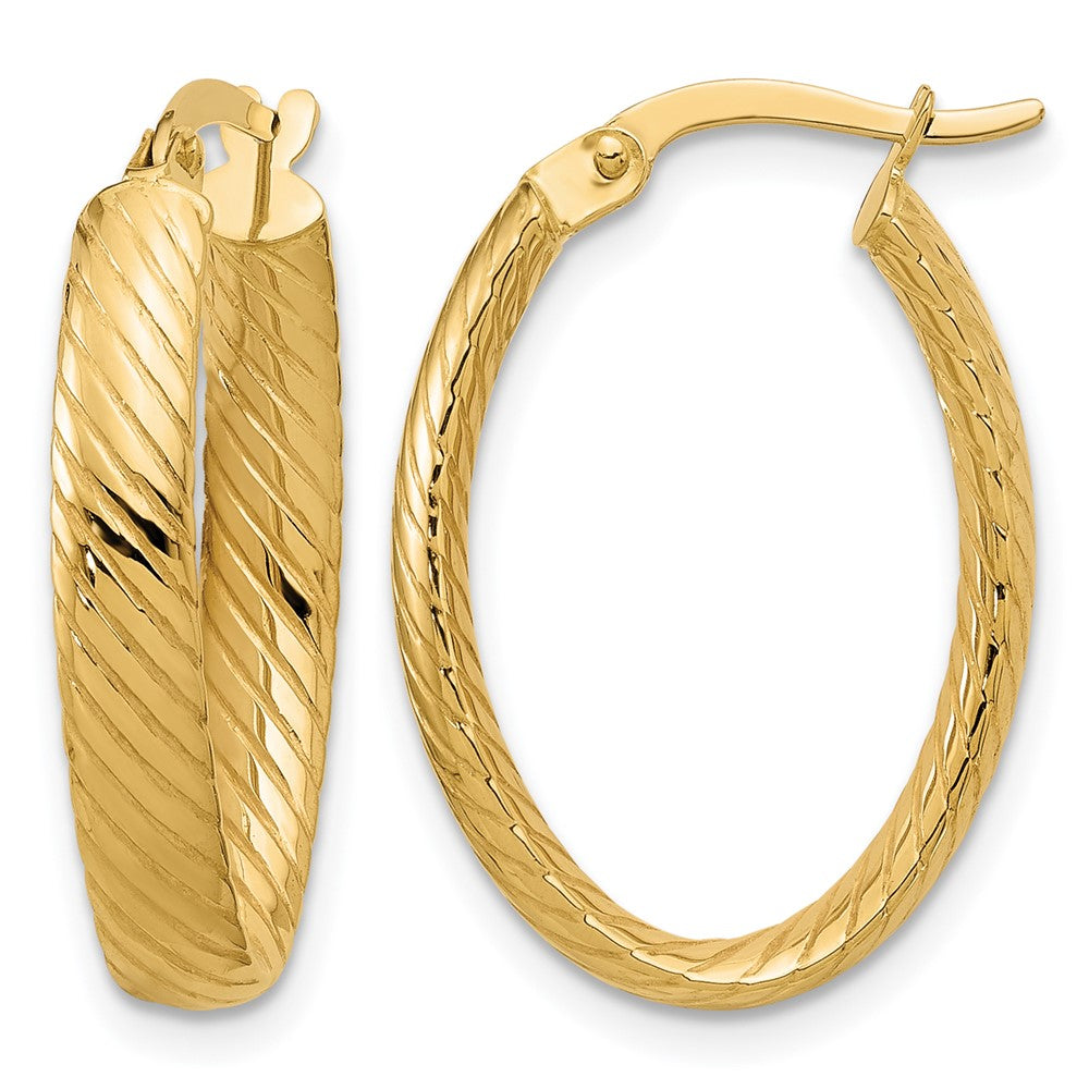 14K Polished and Grooved Oval Hoop Earrings