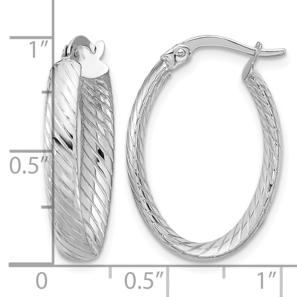 14K White Gold Polished and Grooved Oval Hoop Earrings