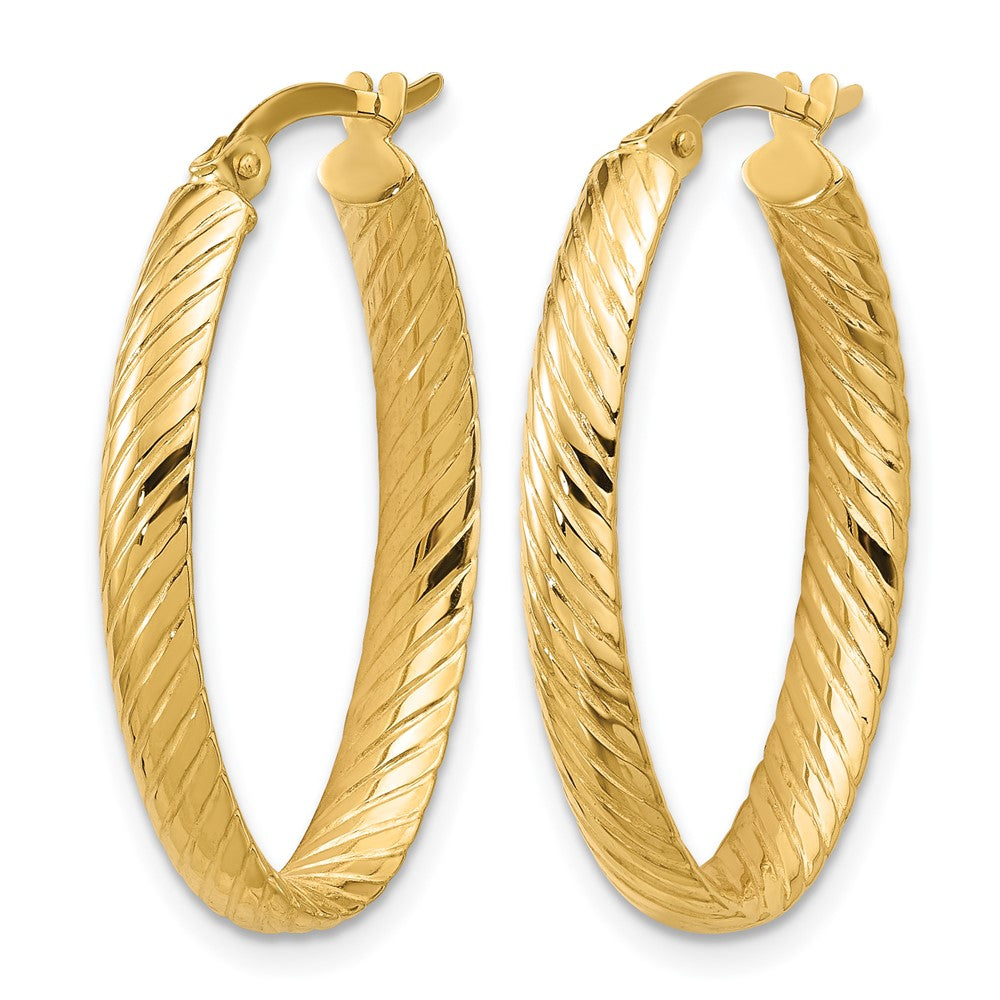 14K Polished and Grooved Oval Hoop Earrings