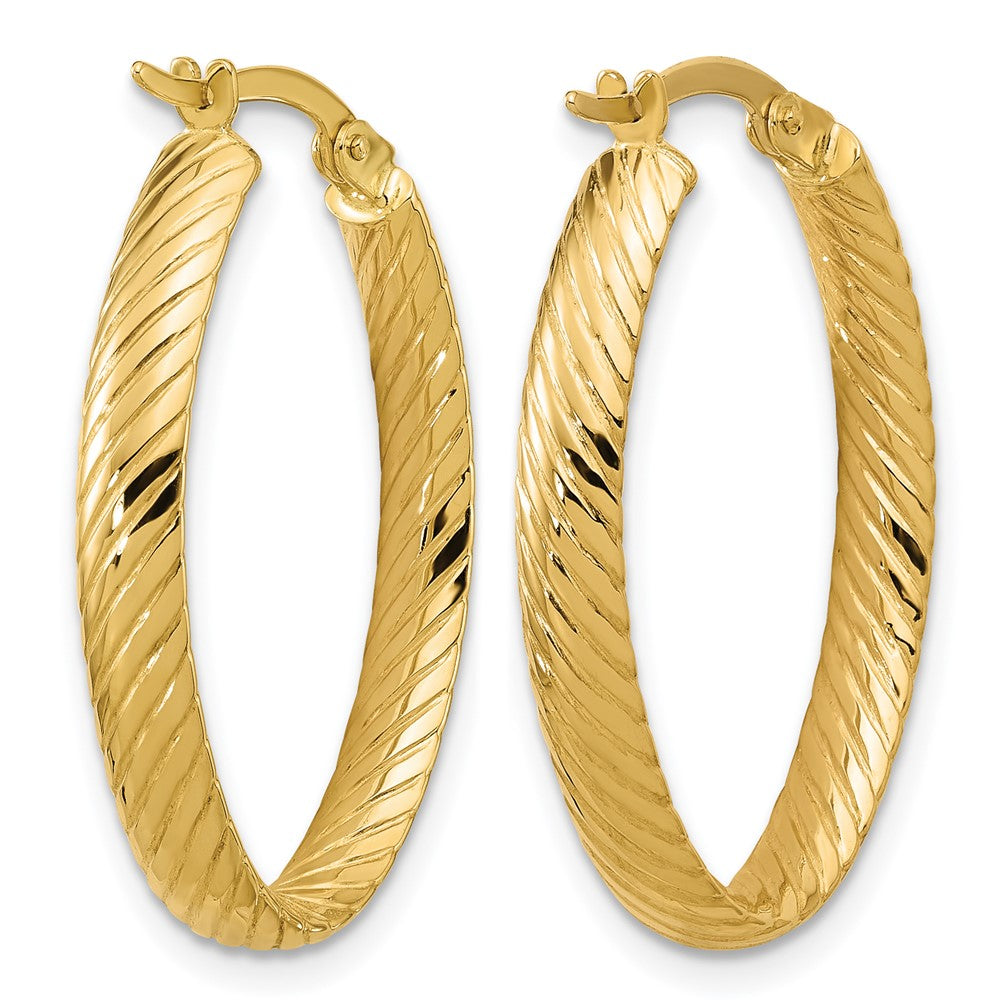 14K Polished and Grooved Oval Hoop Earrings