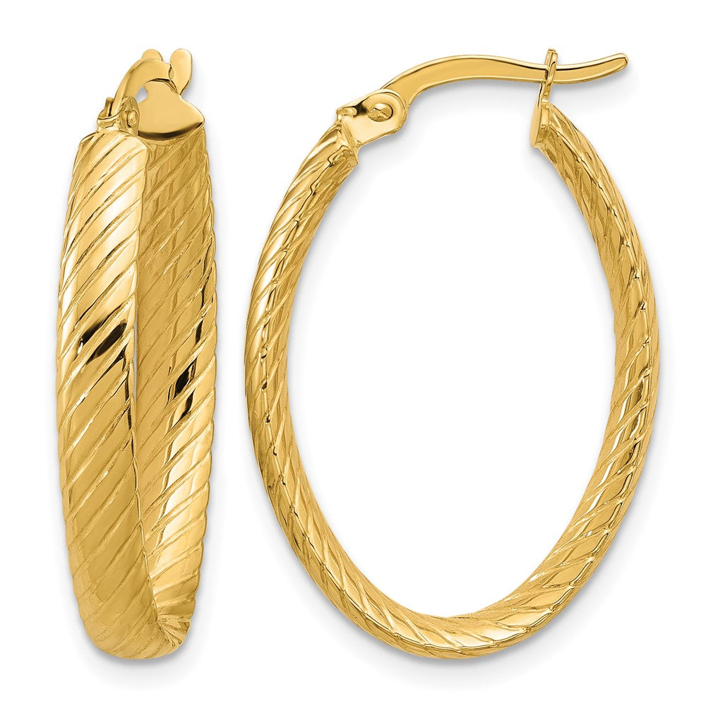 14K Polished and Grooved Oval Hoop Earrings