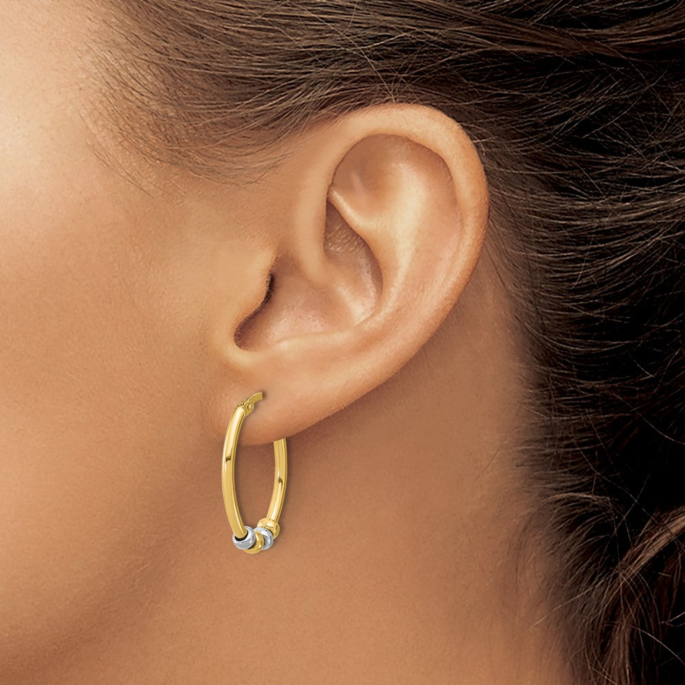 14K Two-tone Polished with Beads Oval Hoop Earrings