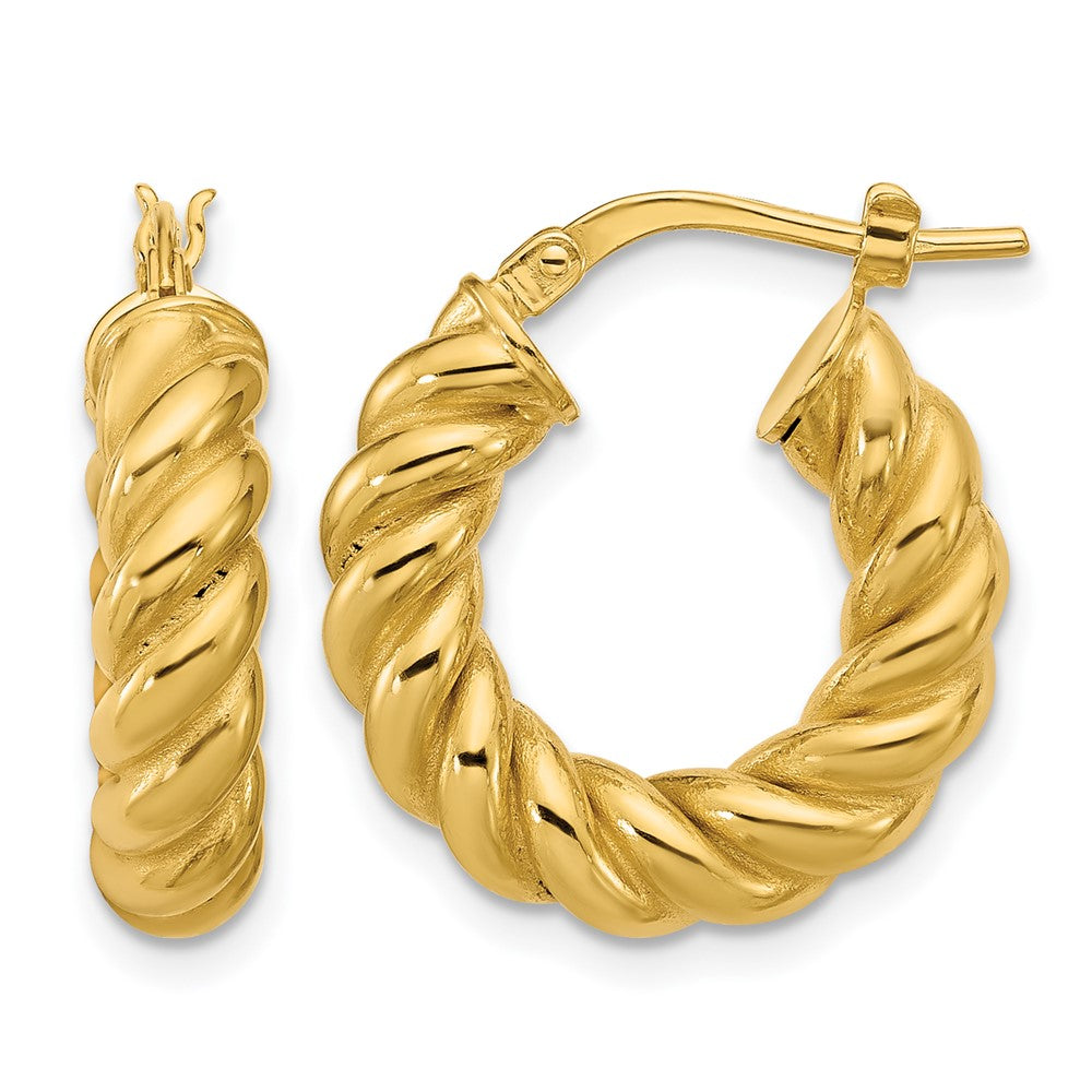 14K Polished and Twisted Round Hoop Earrings