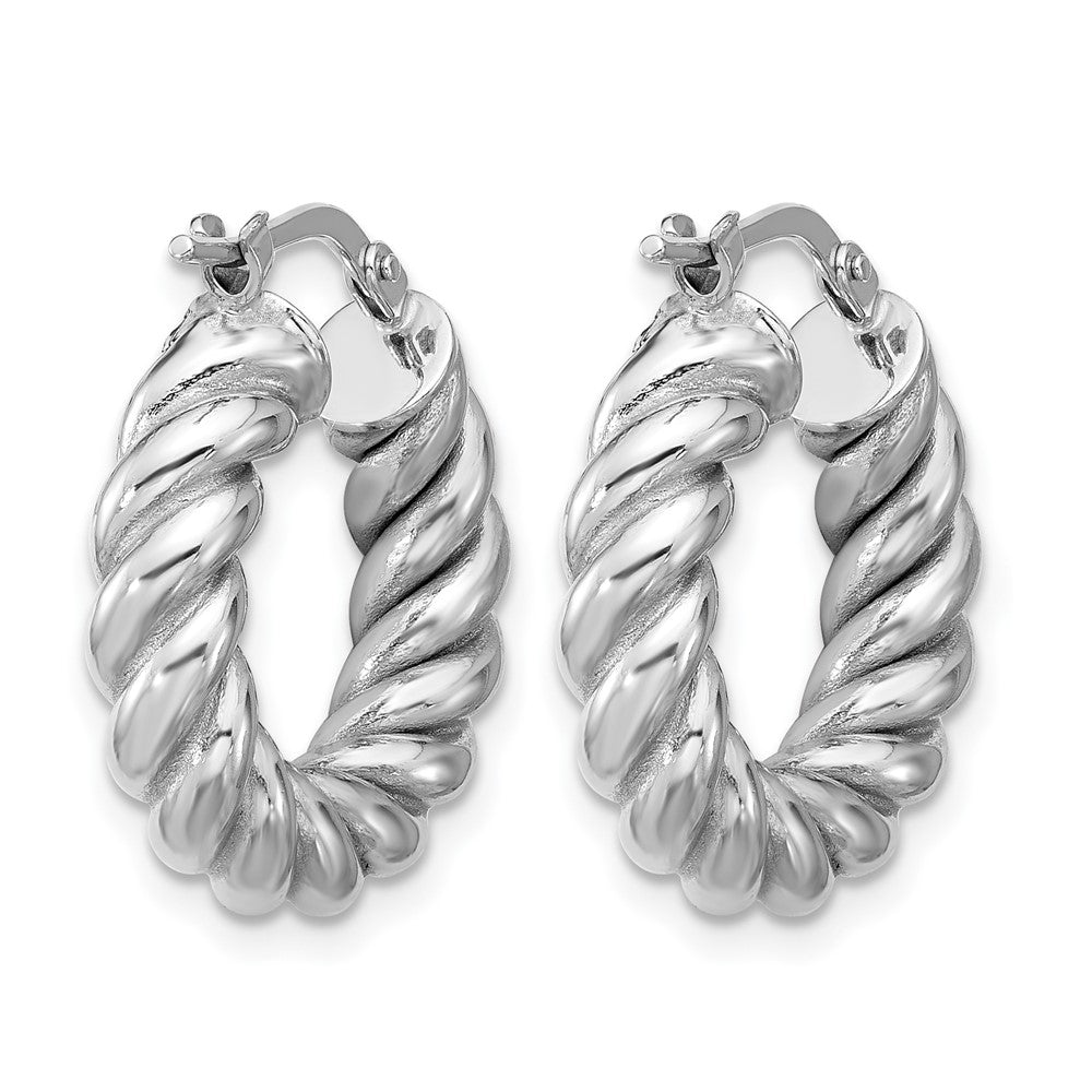 14K w/White RH-plat Polished/Twisted Round Hoop Earrings