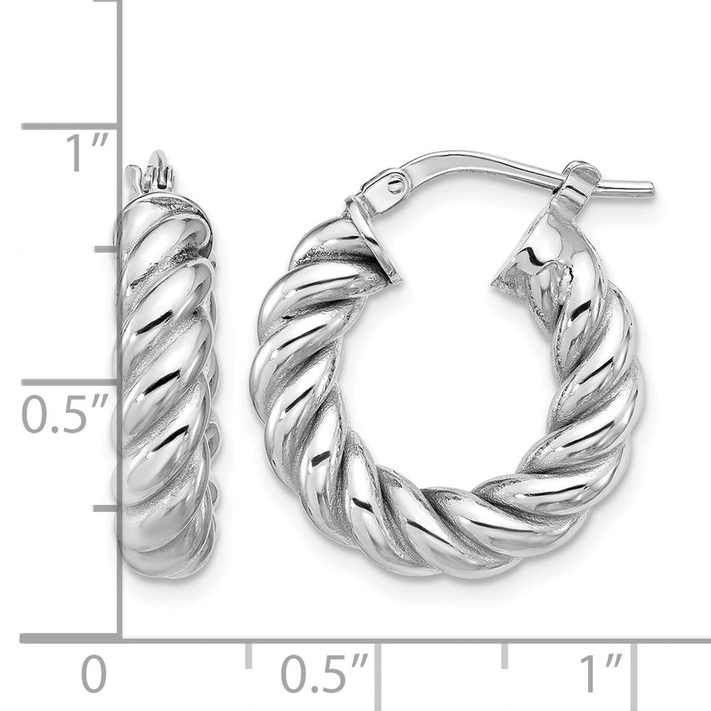 14K w/White RH-plat Polished/Twisted Round Hoop Earrings