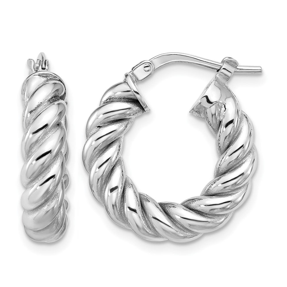 14K w/White RH-plat Polished/Twisted Round Hoop Earrings
