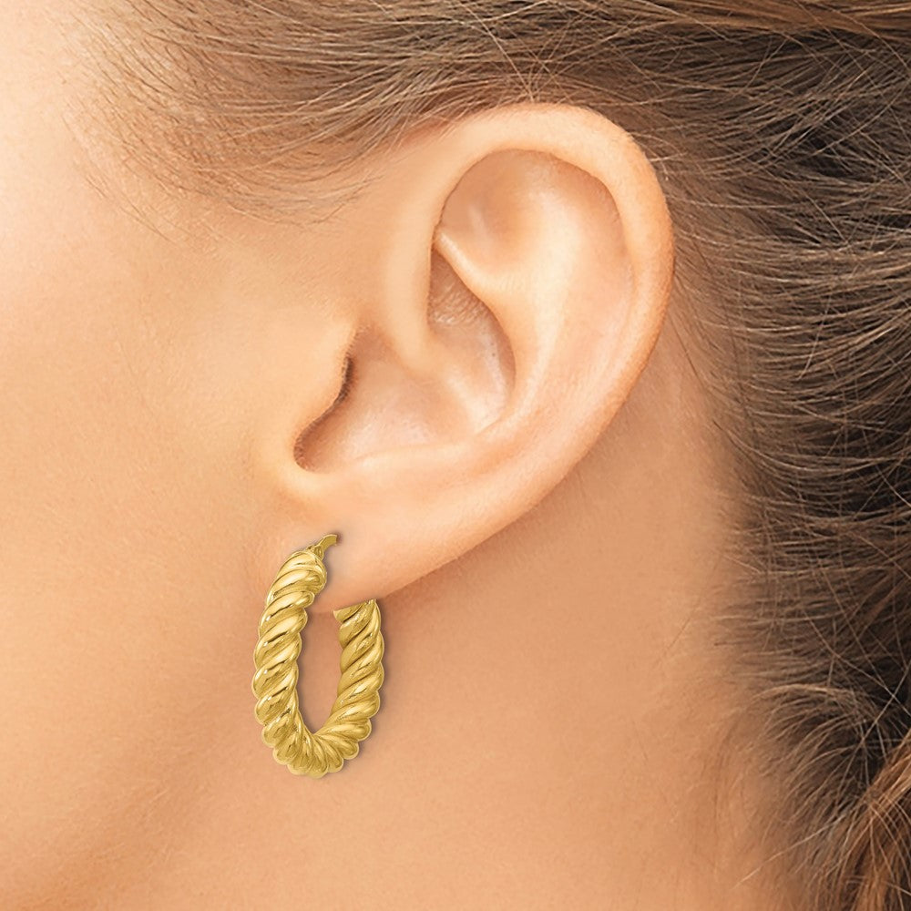 14K Polished and Twisted Round Hoop Earrings