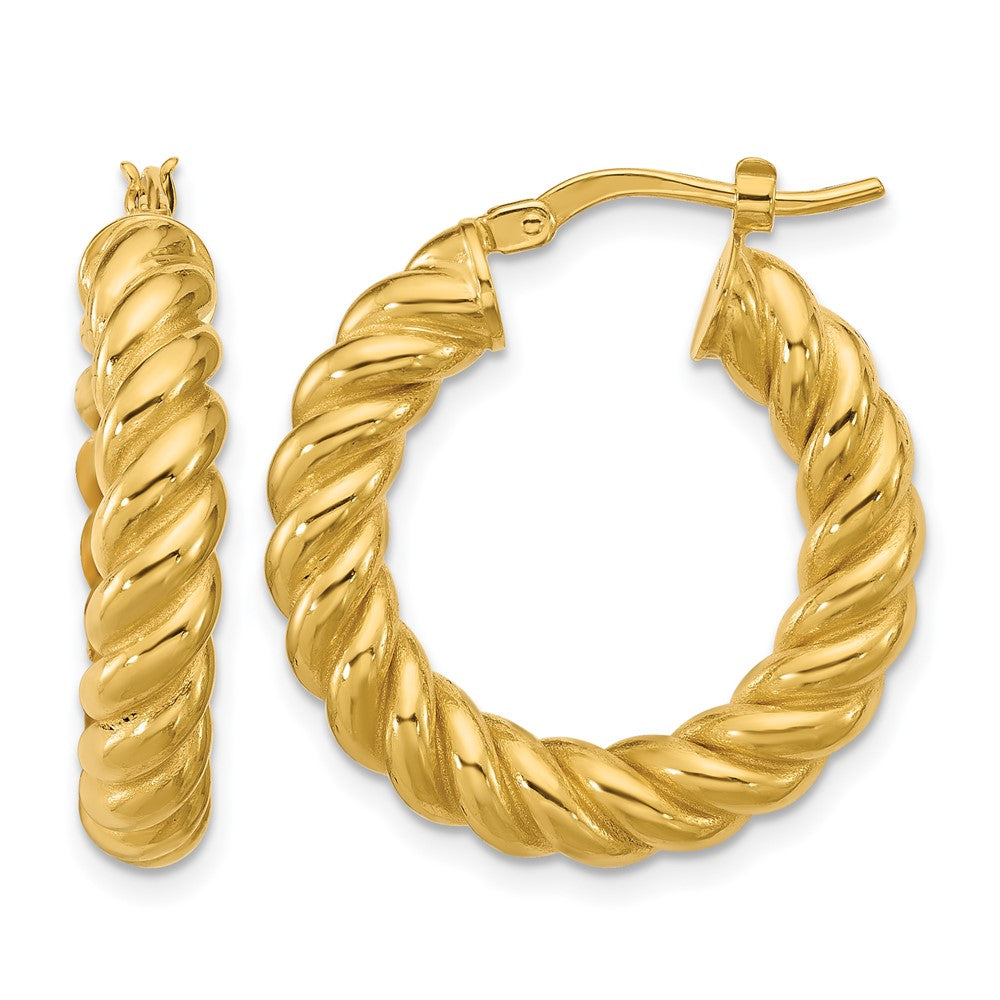 14K Polished and Twisted Round Hoop Earrings