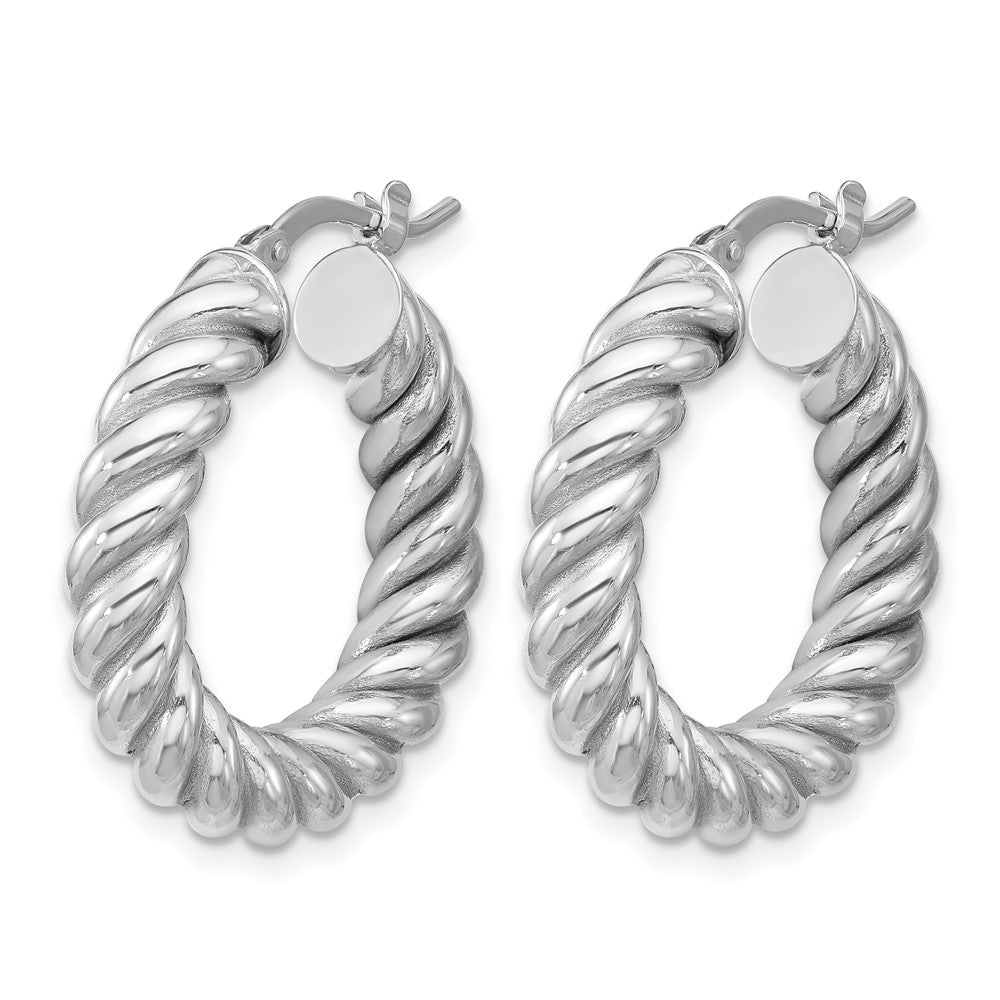 14K w/White RH-plat Polished/Twisted Round Hoop Earrings