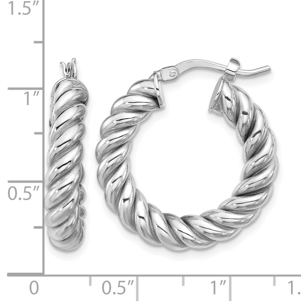 14K w/White RH-plat Polished/Twisted Round Hoop Earrings