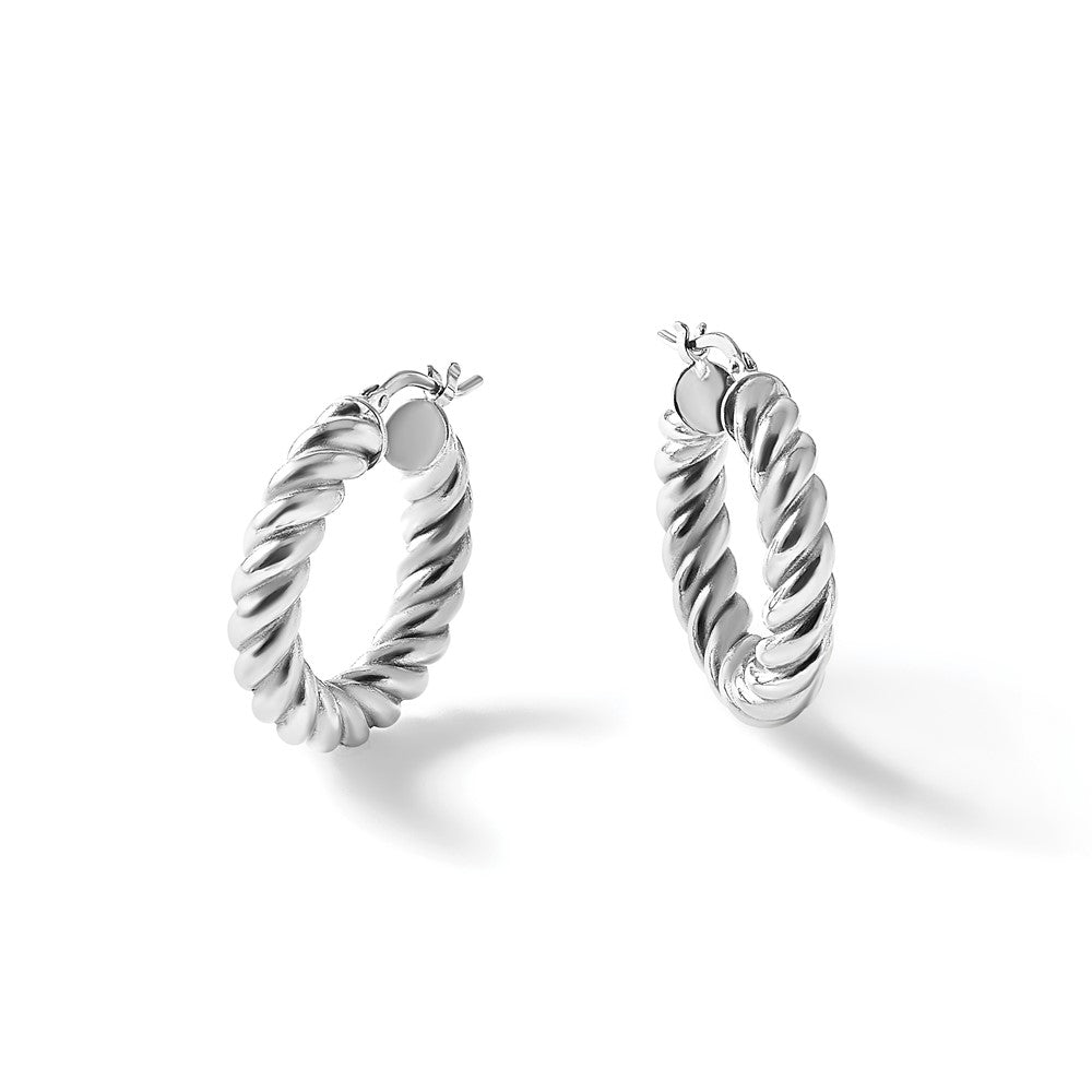 14K w/White RH-plat Polished/Twisted Round Hoop Earrings