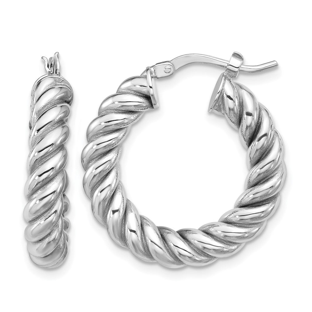 14K w/White RH-plat Polished/Twisted Round Hoop Earrings