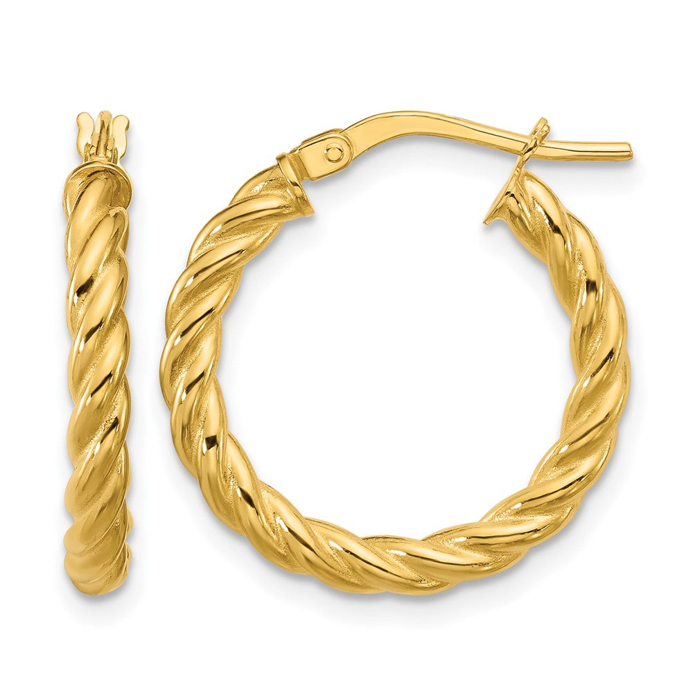 14K Polished and Twisted Round Hoop Earrings