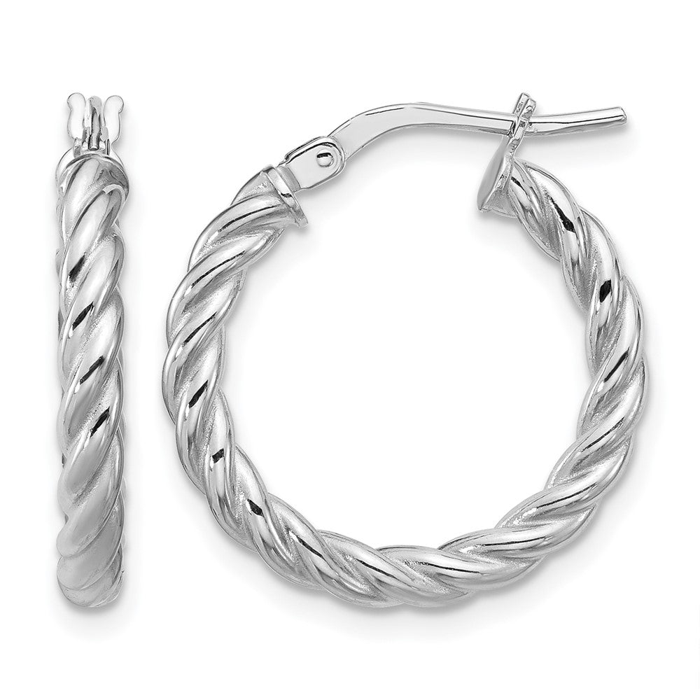 14K w/White RH-plat Polished/Twisted Round Hoop Earrings