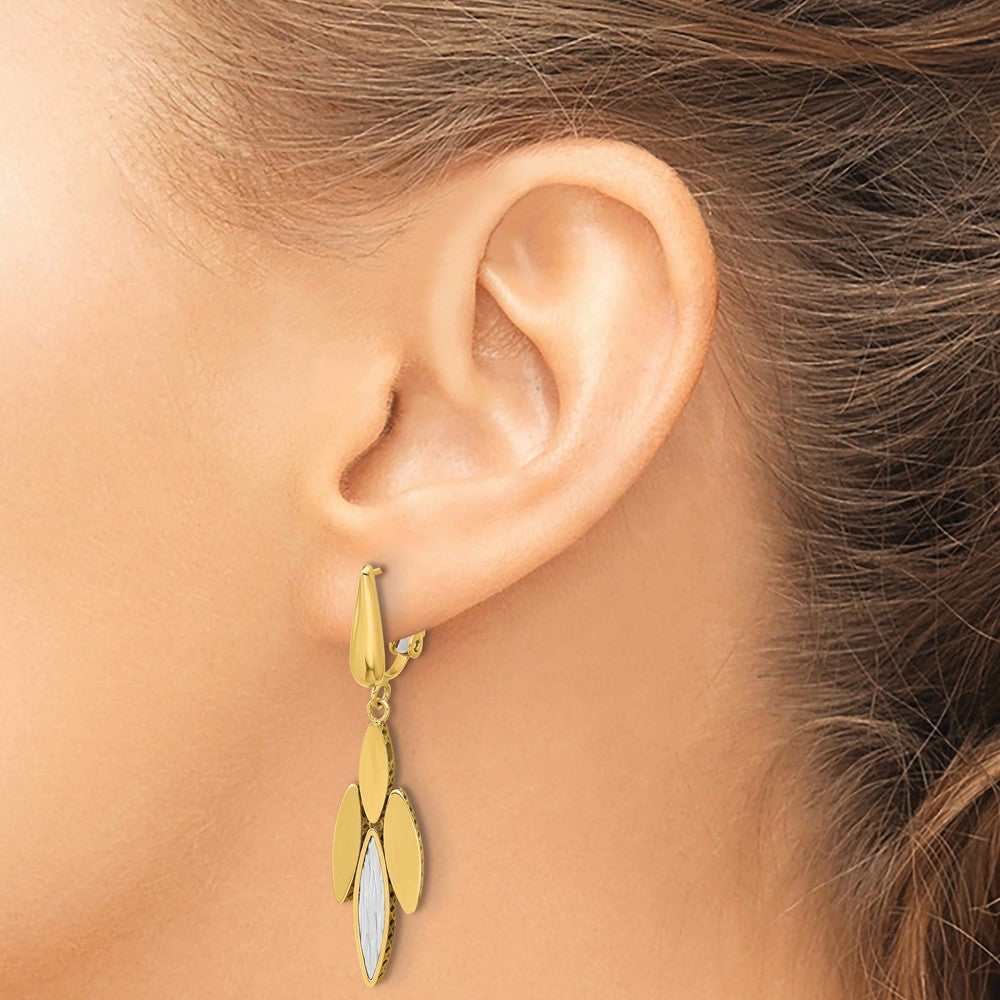 14K Two-tone Polish/Dia-cut Fancy Dangle Omega Earrings