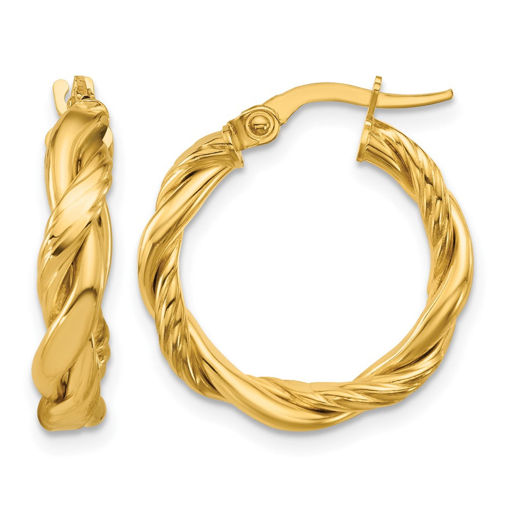 14K Polished and Twisted Round Hoop Earrings
