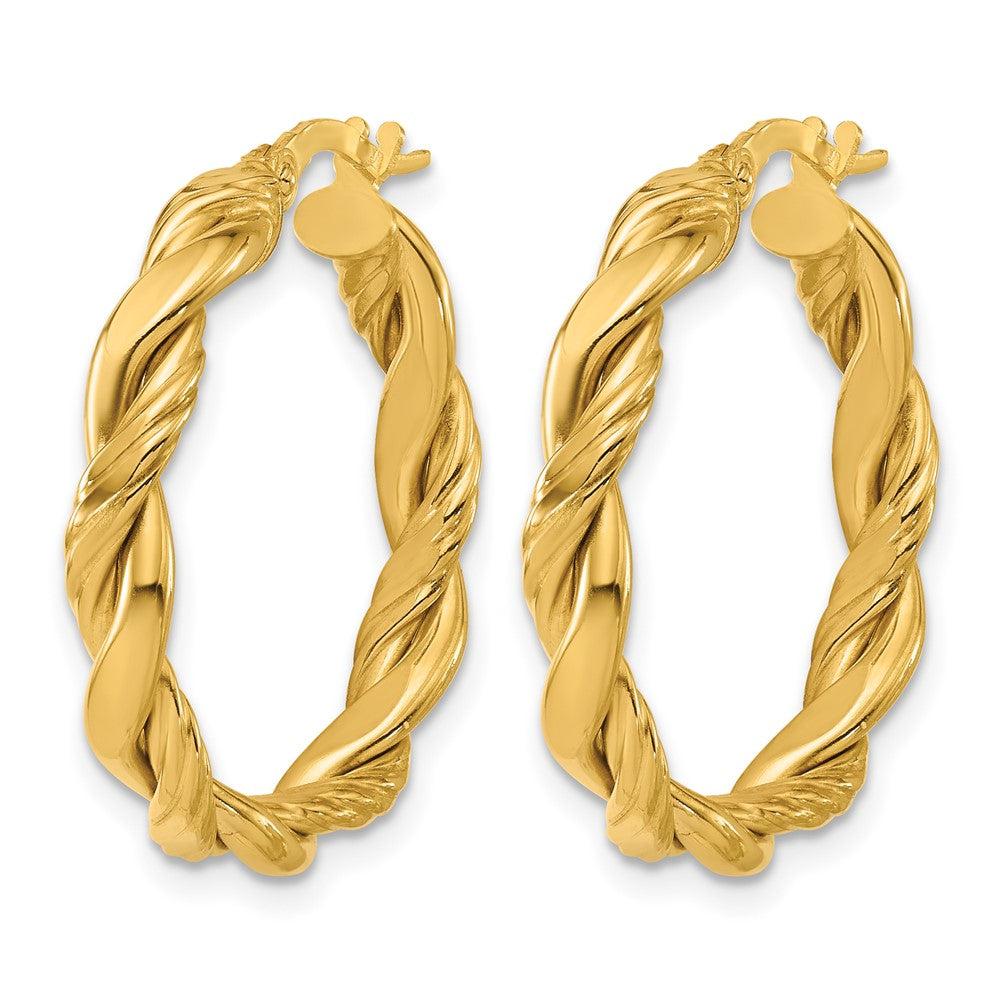 14K Polished and Twisted Round Hoop Earrings