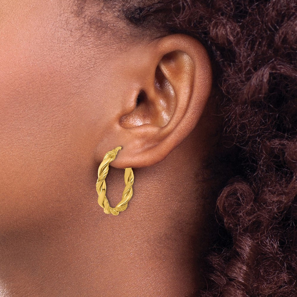 14K Polished and Twisted Round Hoop Earrings