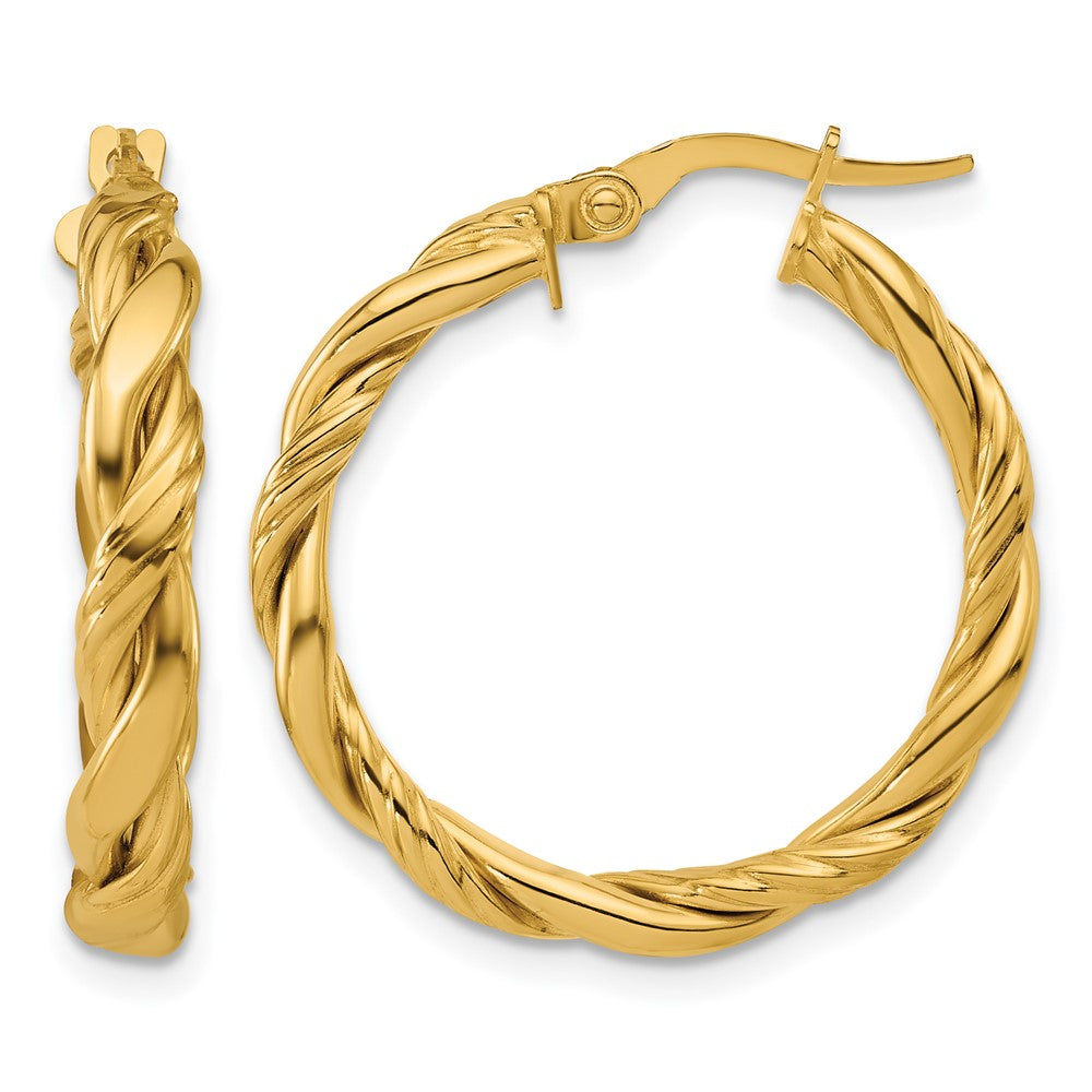 14K Polished and Twisted Round Hoop Earrings