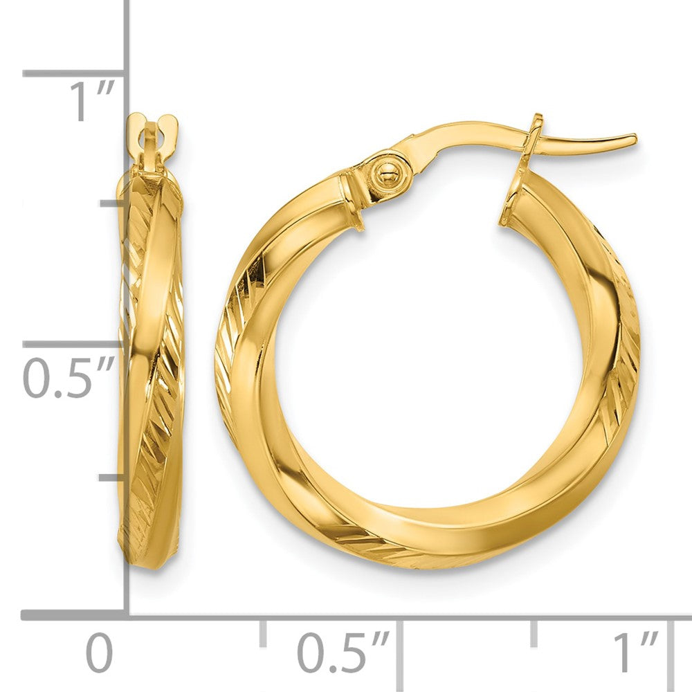 14K Polished and Diamond-cut Round Hoop Earrings